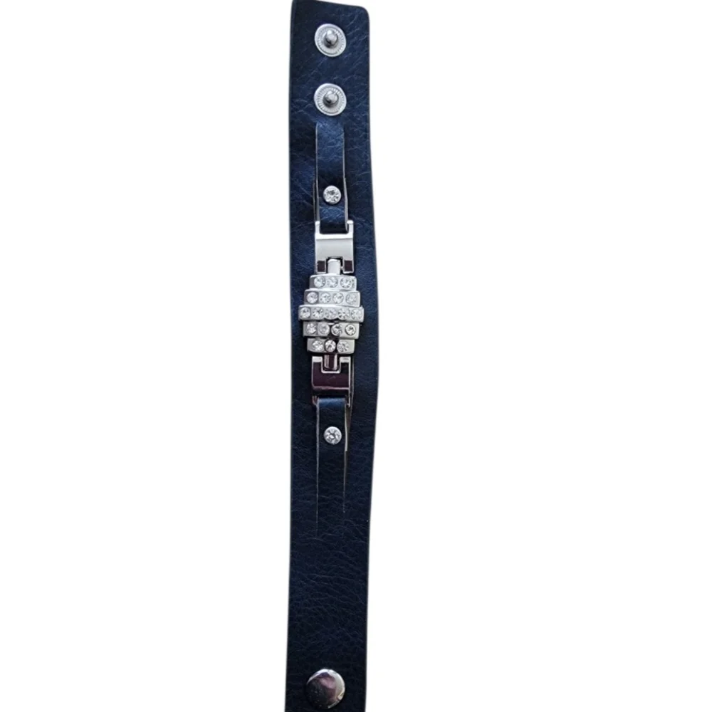 Black and Silver Leather Bracelet with Metal Embellishments